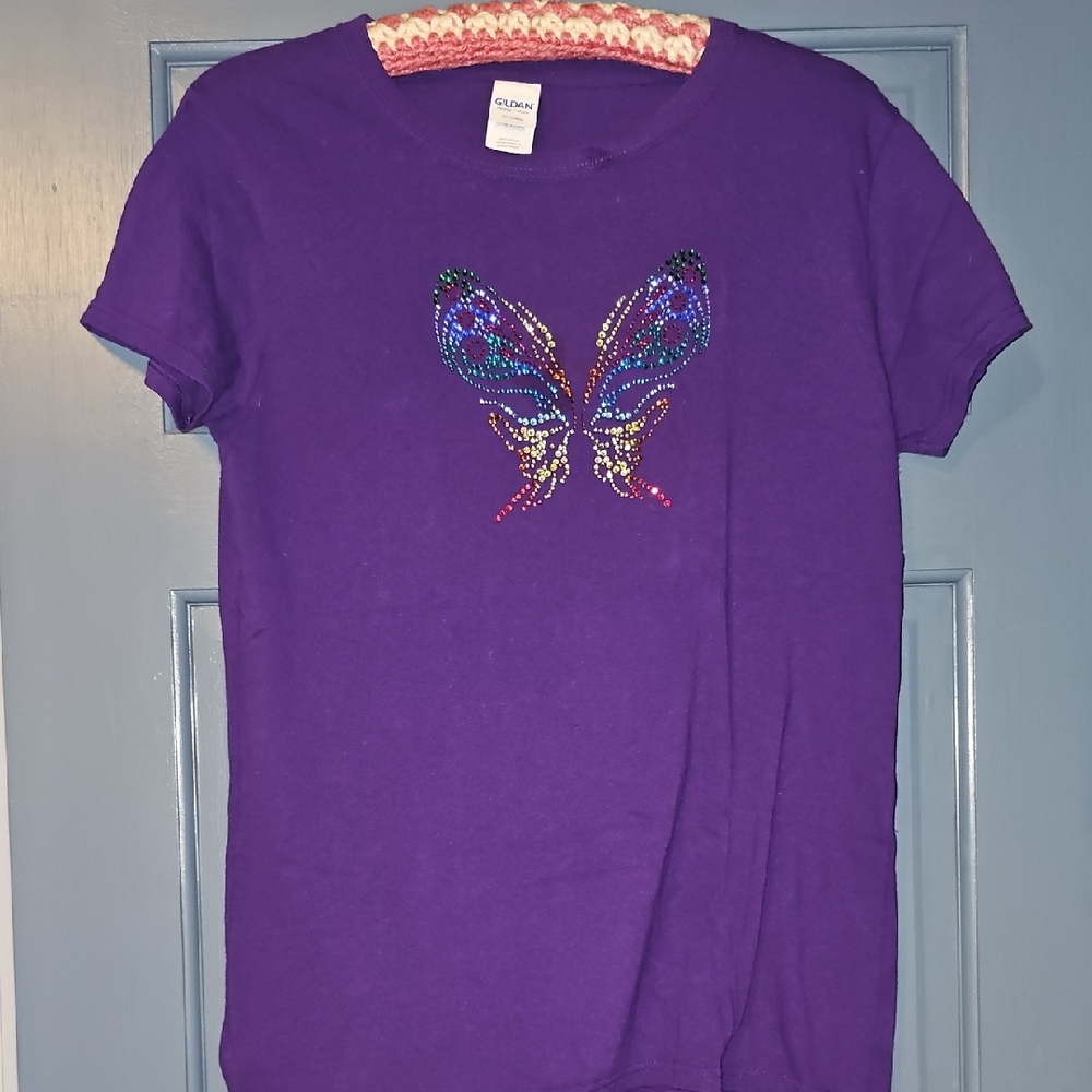 VINTAGE 80s Gildan Butterfly Rhinestones  Purple Tee Shirt RETRO